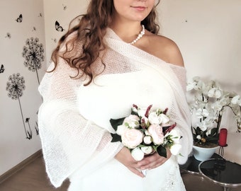 Hand Knit Mohair Silk Wedding Shawl: Ivory Bridal Wrap
