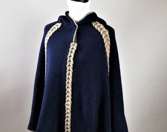 Poncho en tricot,Poncho en laine,Pull poncho,Poncho d'hiver,Poncho bleu,Châles bleus,Poncho en tricot,Poncho à crochets,Accessoires femme,Manteau en laine