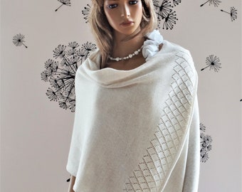 Hand Knit Merino Wool Shawl, Ivory Wedding Wrap