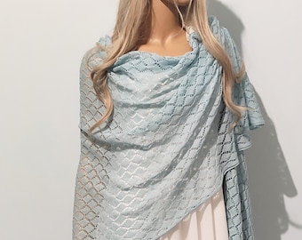 Handmade Cotton Cashmere Knit Shawl, Pastel Blue Bridal Wedding Shawl