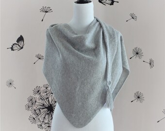 Gray Cashmere Blend Triangle Scarf, Handmade Knit Winter Shawl