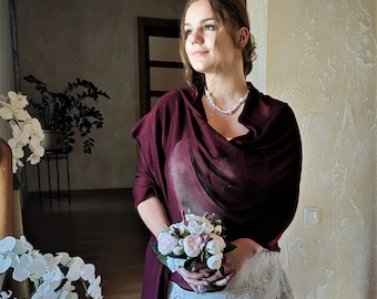 Châle de mariée en tricot de laine mérinos bordeaux, écharpe de mariage fait main