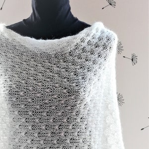 Chal de lana de alpaca, chal blanco, chal de mohair, chal de novia, chal hecho a mano, chal de lana, chal de boda, accesorios de mujer, chal de punto, chal negro