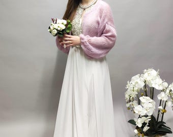 Cárdigan de boda de mohair de seda tejido a mano, chaqueta nupcial, rosa antiguo