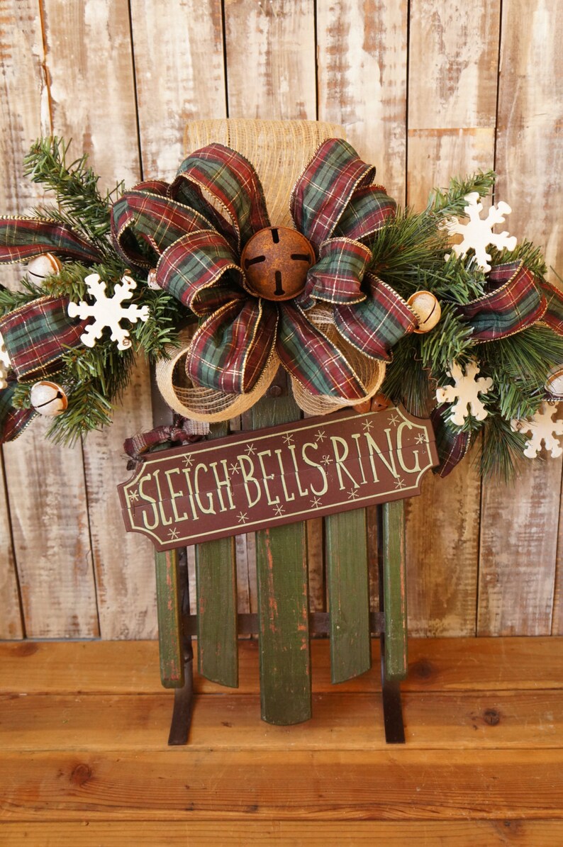 Sleigh Bells Christmas Wreath Wooden Sled Door Hanger | Etsy