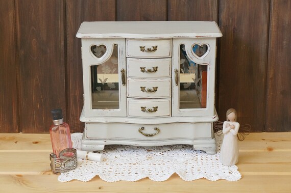 Tall Shabby Jewelry Cabinet Large White Jewelry Armoire Girls Jewelry Box Rustic Chic Jewelry Box With French Door Gift For Mom Women