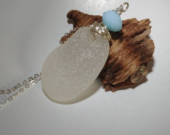 Frost Large White Chunky Wire Wrapped Genuine Beach Glass Sea Glass With Light Blue  Glass Bead Pendant Necklace