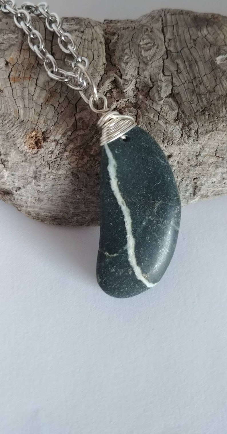 Polished Black with Brown Speckles with White Quartz Streak Oblong Beach Stone Sea Stone Wire Wrapped Pendant Opera Length Necklace