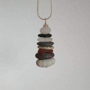 Polished Black with Brown Speckles with White Quartz Streak Oblong Beach Stone Sea Stone Wire Wrapped Pendant Opera Length Necklace
