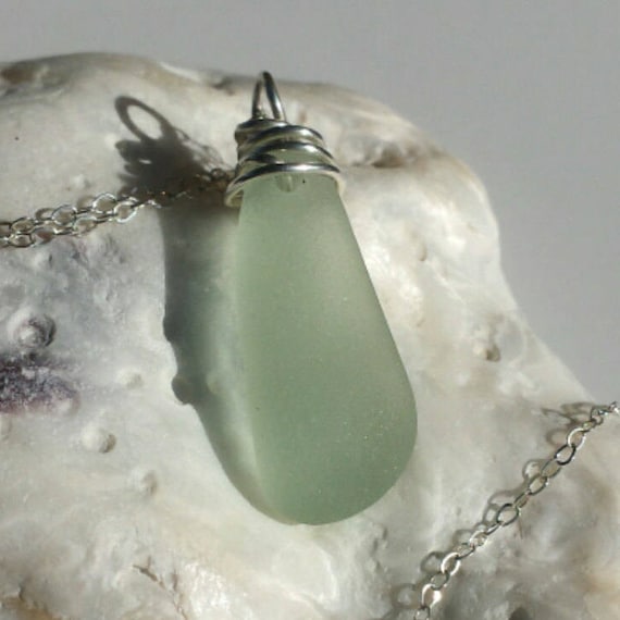 Sterling Silver Wire Wrapped Frosted Sea Foam Green Tear Drop Shaped Genuine Beach Glass Sea Glass Pendant Necklace