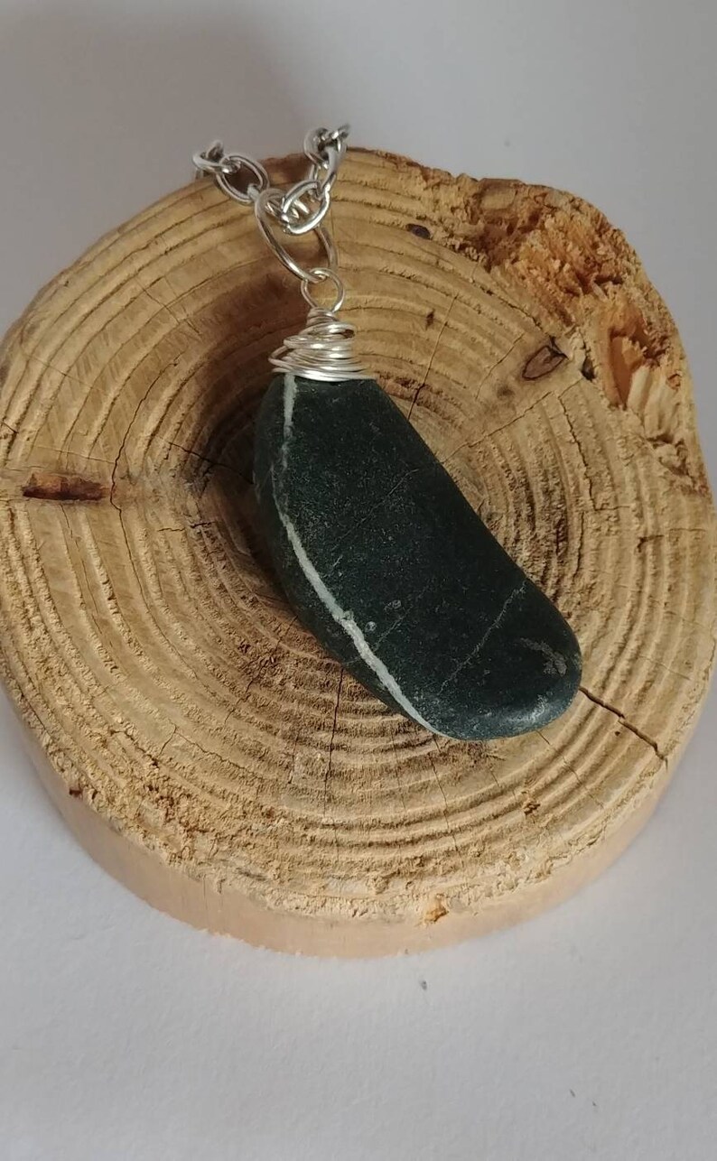 Polished Black with Brown Speckles with White Quartz Streak Oblong Beach Stone Sea Stone Wire Wrapped Pendant Opera Length Necklace