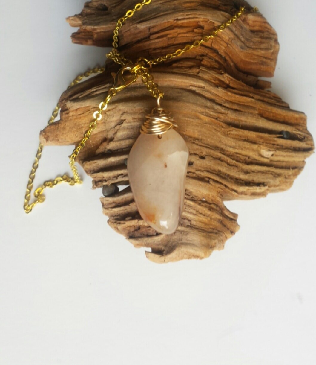 Polished Black with Brown Speckles with White Quartz Streak Oblong Beach Stone Sea Stone Wire Wrapped Pendant Opera Length Necklace