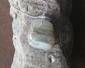 Polished Mixed Quartz Beach Stone Sea Stone Sterling Silver Wire Wrapped Square Chunky  Shaped Pendant Necklace