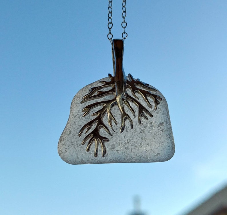 Frosted Genuine White Chunky Beach Glass Sea Glass Pendant with Sterling Silver Branch Pinch Bail on Sterling Silver Snake Type Necklace
