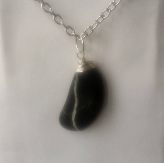 Polished Black with Brown Speckles with White Quartz Streak Oblong Beach Stone Sea Stone Wire Wrapped Pendant Opera Length Necklace