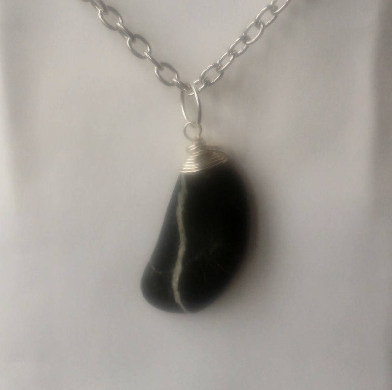 Polished Black with Brown Speckles with White Quartz Streak Oblong Beach Stone Sea Stone Wire Wrapped Pendant Opera Length Necklace