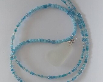 Frosted Off White Chunky Genuine Beach Glass Sea Glass Wire Wrapped with Assorted Teal Blue Beaded Summer Necklace