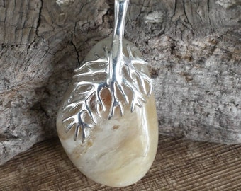 Sterling Silver Tree Branch Pinch Bail on Polished Beach Stone Sea Stone Large Beige and White Pendant