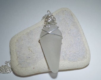 Frosted Sea Foam Off White Wedge Shaped Genuine Beach Glass Sea Glass Sterling Silver Wire Wrapped Elegant Pendant Sterling Silver Chain