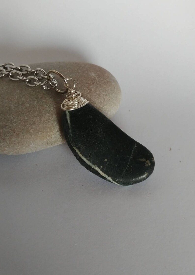 Polished Black with Brown Speckles with White Quartz Streak Oblong Beach Stone Sea Stone Wire Wrapped Pendant Opera Length Necklace