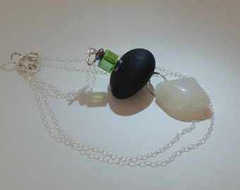 Stunning Rare Black Dark Green Beach Glass Sea Glass with Hematite Beads Square Faceted Green Glass Bead  Polished Off White Quartz Necklace