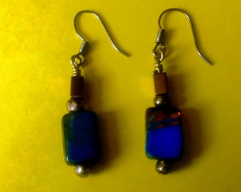 Royal Blue/Gold/Glass/ Rectangle / Bead Earrings/Birthday/gift For Her