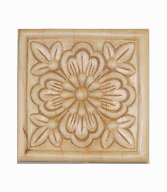 Birch Wood Carving Die Cut Etching Flower Blossom Square End Cap 3 1 2 X 3 1 2 X 1 4