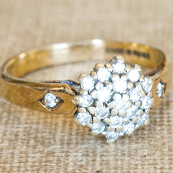 Diamond Cluster Ring, Vintage Engagement Ring, 9k Yellow Gold Diamond Promise Ring, Flower Diamond Wedding Band, Art Deco Ring