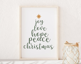 Joy Love Hope Peace Christmas Tree Printable, Digital Christmas Tree Illustration Wall Art, Instant Download