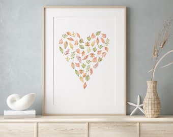 Watercolor Fall Leaves Heart Digital Art Print, illustration of a heart formed of autumn leaves, Instant Download