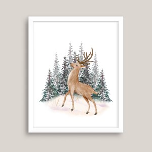 Winter Standing Deer Christmas Printable, Digital Watercolor Christmas Deer Digital Art, Instant Download image 1