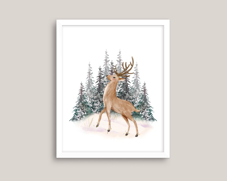 Winter Standing Deer Christmas Printable, Digital Watercolor Christmas Deer Digital Art, Instant Download image 1