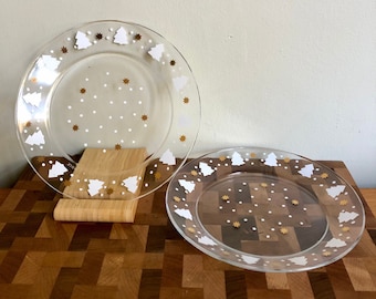 Vintage set of 2 Arcoroc white tree and gold stars 8" glass plates, 8 plates available