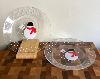 Vintage set of 2 Arcoroc snowman 8" glass plates, 4 plates available
