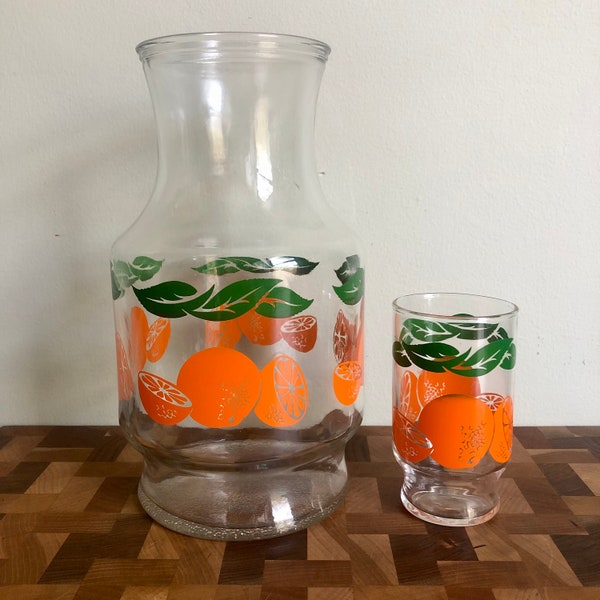 Vintage Anchor Hocking orange juice glass carafe and juice glass set sold together