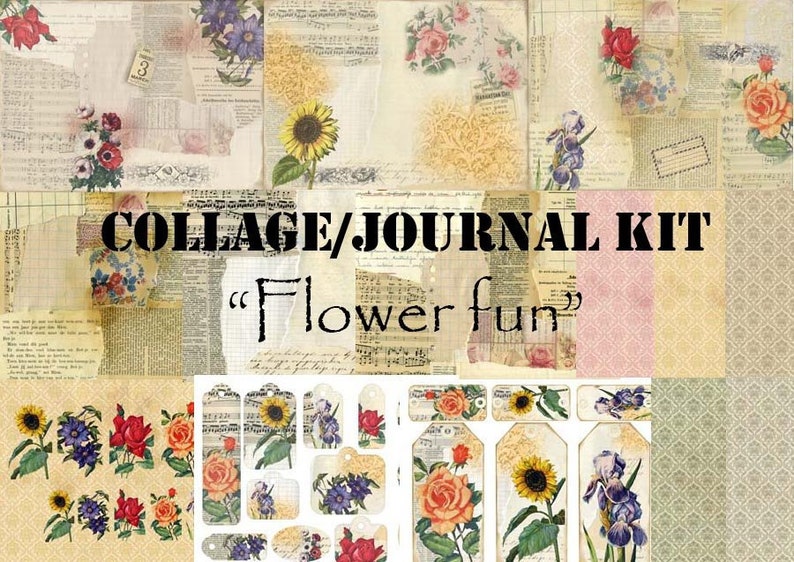Digital 14 A4 pages Collage/Journal kit Flower Fun image 1