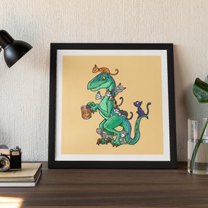 Velociraptor love cats 8 x 8 Print