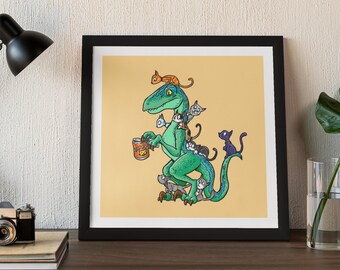 Velociraptor love cats 8 x 8 Print