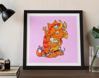 Triceratops love cats 8 x 8 Print