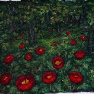 Origineel schilderij van vilten wilde pioenrozen, kunst van natte vilten fiber