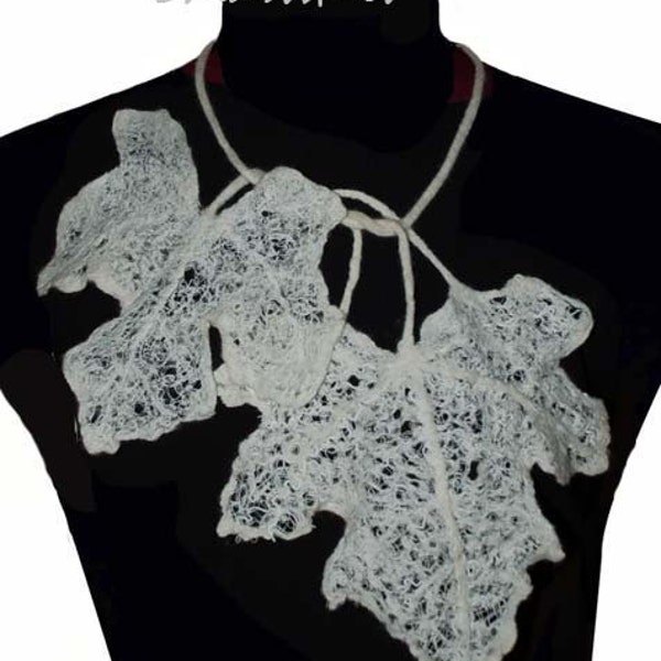 Felt art necklace "Skeleton maple leaves", Felt accessory, Felt fashion, Pervect gift, Lacy felt, Fiber art mixed media, OOAK