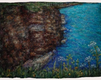 Felted seascape picture, Painting with wool, Felt wall art, Fiber art, Textile art, OOAK