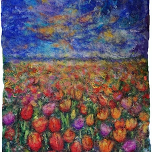 Original felted tulips landscape painting, Wet felting picture, Wool felting wall art, Fiber art, Textile art, Painting with wool, OOAK