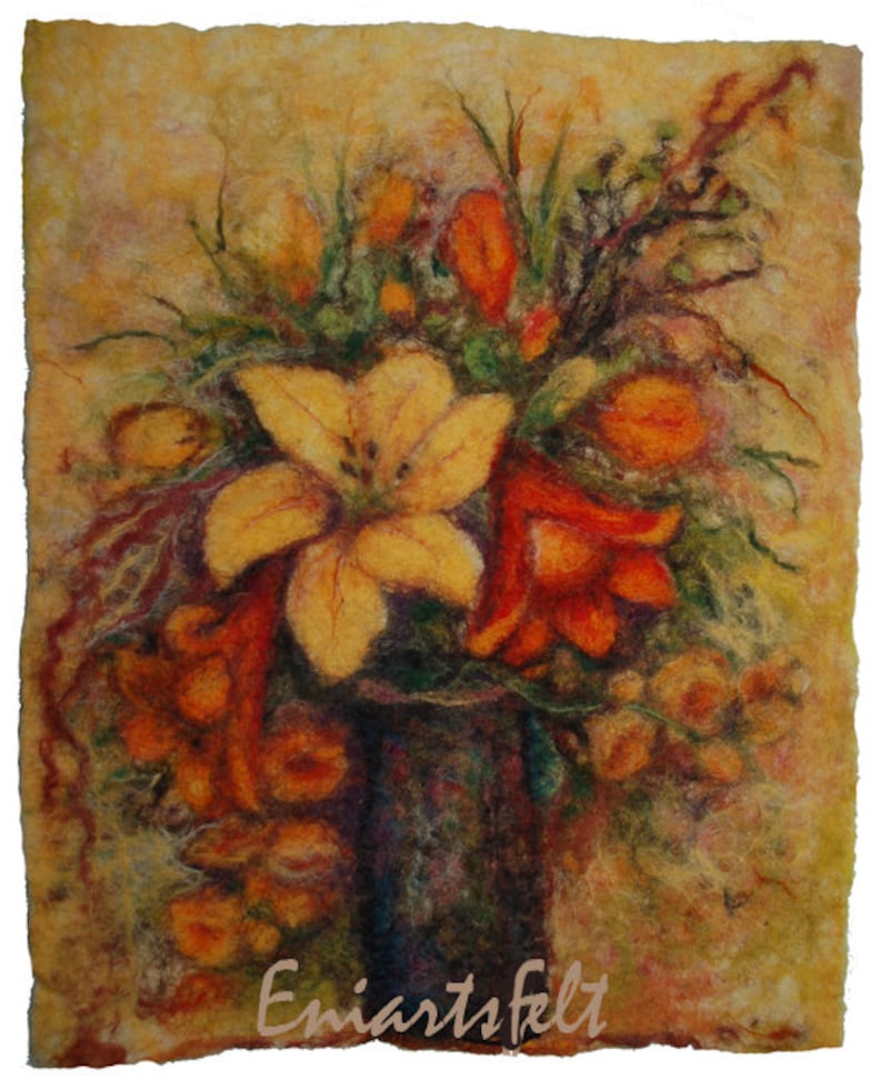 Felted Flowers Painting lilies, Painting With Wool , Felt Wall Art , Wet Felting Picture , OOAK