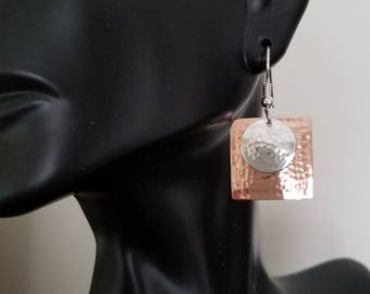 Hammered sterling silver and copper earrings