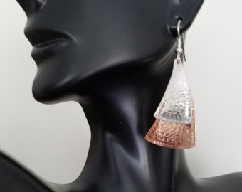 Hammered sterling silver and copper earrings