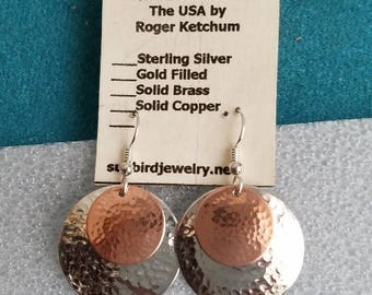 Hammered sterling silver and copper earrings
