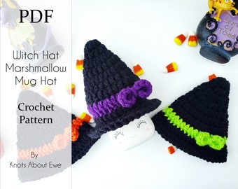 May include: Crochet pattern for a witch hat mug cozy. The cozy is black with purple and green trim. The pattern is available as a PDF download. "Witch Hat Marshmallow Mug Hat Crochet Pattern by Knots About Ewe"