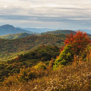 May include: A scenic landscape of rolling hills and mountains under a cloudy sky. The foreground features colorful autumn foliage in shades of red, orange, and green. The distant mountains fade into a blue haze.