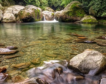 Può includere: Un ruscello limpido e poco profondo scorre su rocce lisce e arrotondate in una foresta lussureggiante e verde. L'acqua è cristallina, rivelando le rocce e i ciottoli sotto la superficie. La foresta è fitta e verde, con alberi che costeggiano le rive del ruscello.